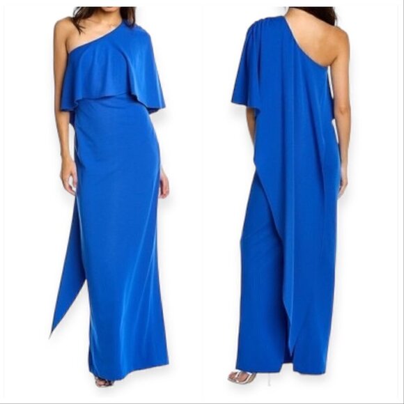 Badgley Mischka One-Shoulder Draped Cape Gown, Blue, Size 0, New with tag - Picture 1 of 14